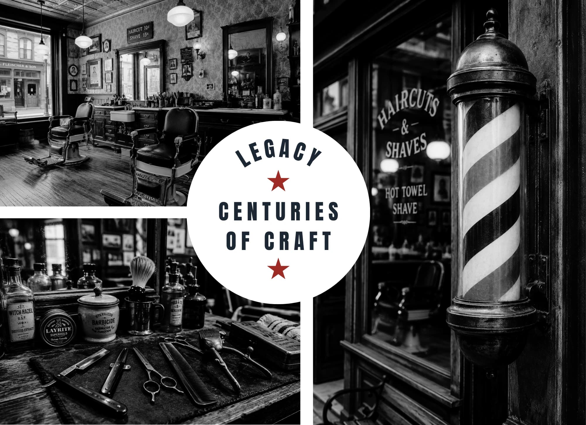 A legacy of barbering — vintage barbershop, classic tools, and a barber pole at Kenyon Barber Shop